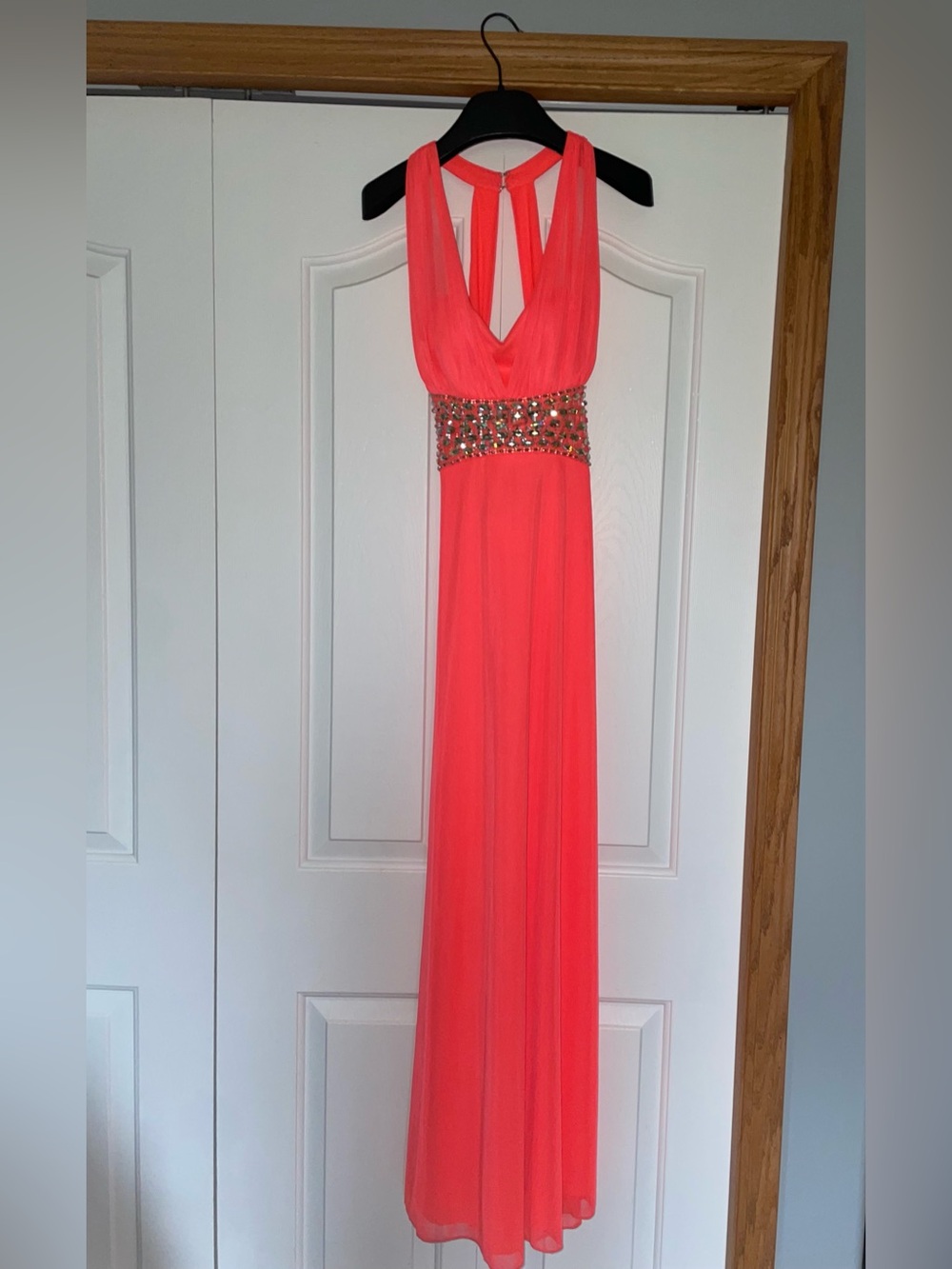 Sequin Hearts Coral Halter Maxi Dress with Beaded Waist